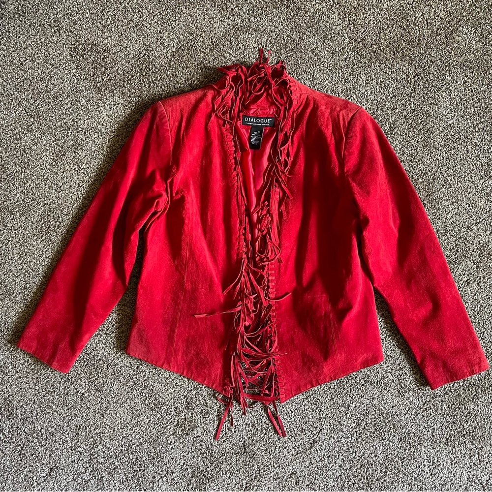 Vintage Red Leather Fringe Jacket and Skirt Set